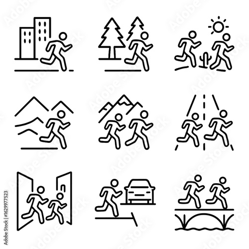 Chase Scene Icons. Outline icon set of chase scenes: city chase, forest chase, desert chase, mountain chase, highway chase, alley