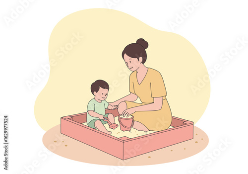 Mother and Child Playing in Sandbox with Bucket and Shovel