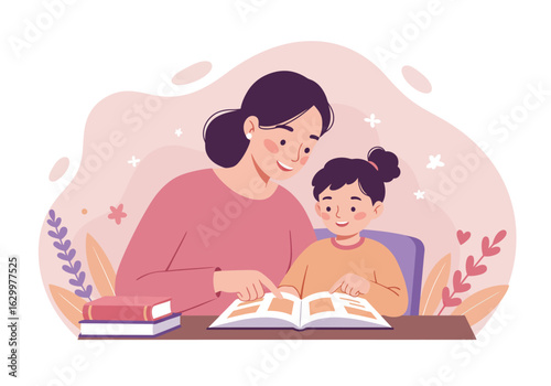 Mother and Daughter Reading Together, Flat Vector Illustration