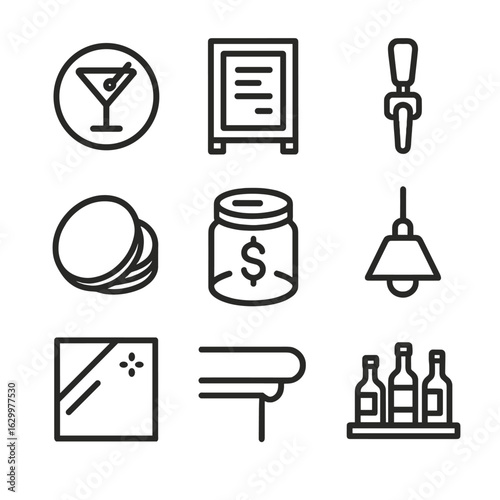 Bar Icon Outline Set. Outline icon set of bar ambiance elements: neon sign, menu chalkboard, tap handle, coaster stack, tip jar,