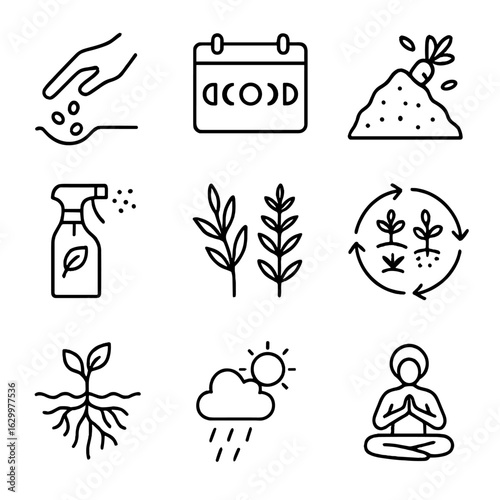 Biodynamic Farm Icons. Outline icon set of biodynamic farm cycles: planting seeds, moon calendar, compost heap