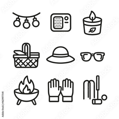 Barbecue Essentials Icons. Outline icon set of barbecue ambiance and accessories: string lights, portable speaker, citronella