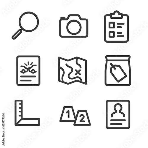 Crash Investigation Icons. Outline icon set of crash investigation: magnifying glass, camera, clipboard, report, crash site map,