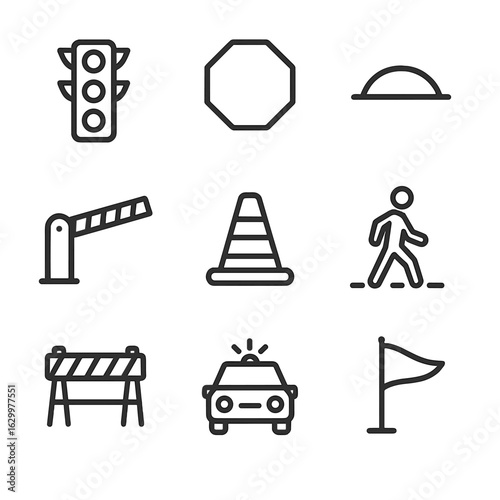 Checkpoint Traffic Icons. Outline icon set of checkpoint traffic control: traffic light, stop sign, speed bump, barrier gate, cone