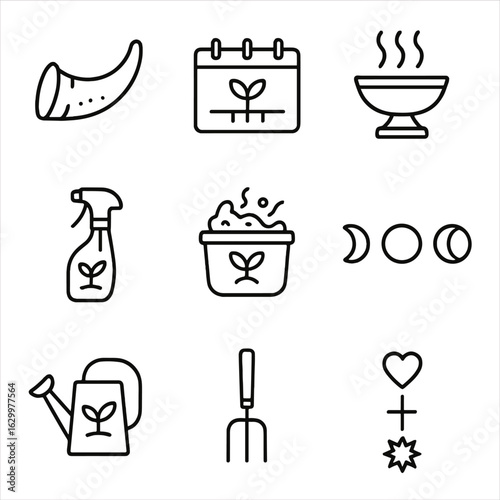 Biodynamic Farming Icons. Outline icon set of biodynamic farming tools and symbols: cow horn manure, planting