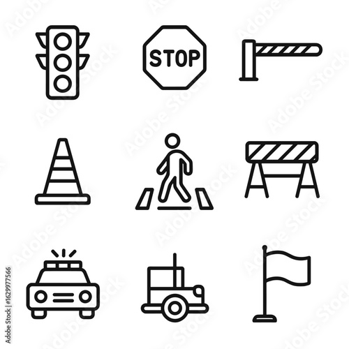Checkpoint Traffic Icons. Outline icon set of checkpoint traffic control: traffic light, stop sign, speed bump, barrier gate, cone