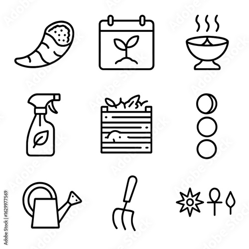Biodynamic Farming Icons. Outline icon set of biodynamic farming tools and symbols: cow horn manure, planting