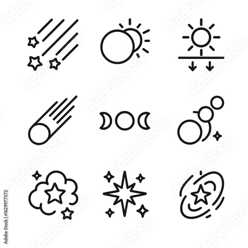 Celestial Events Icons. Outline icon set of constellation events: meteor shower, eclipses, solstice, equinox, comet appearance,