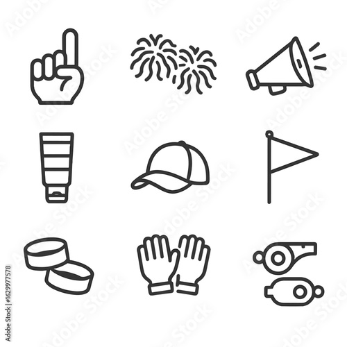 Cheer Gear Icons. Outline icon set of cheering accessories: foam finger, cheerleader pom-poms, megaphone, face paint, sports cap,
