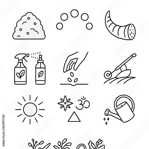 Biodynamic Farming Icons. Outline icon set of biodynamic farming and spiritual farming practices: compost heap