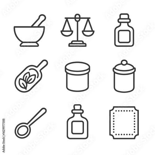Apothecary Tool Icons. Outline icon set of apothecary tools: mortar and pestle, balance scale, tincture bottle, herb scoop, small
