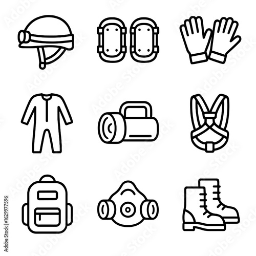Crawling Gear Icons. Outline icon set of crawling safety and gear: crawling helmet, knee pads, crawling gloves, crawling suit,