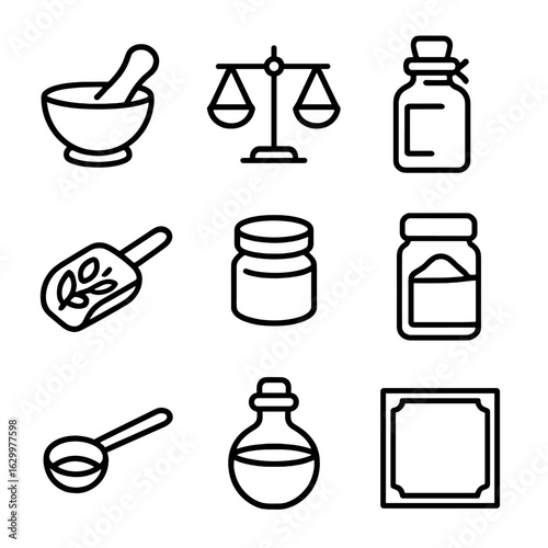 Apothecary Tool Icons. Outline icon set of apothecary tools: mortar and pestle, balance scale, tincture bottle, herb scoop, small