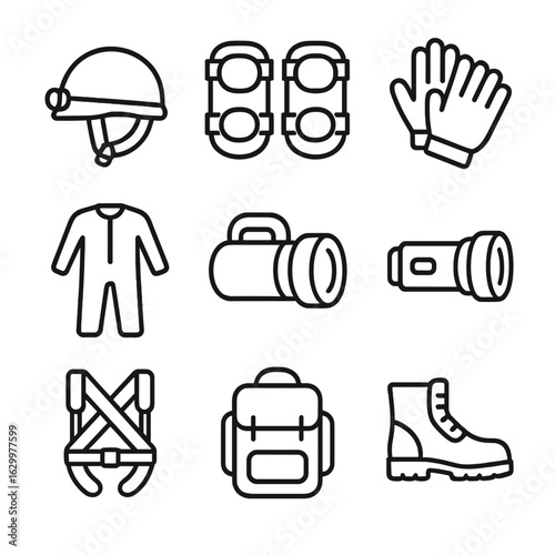 Crawling Gear Icons. Outline icon set of crawling safety and gear: crawling helmet, knee pads, crawling gloves, crawling suit,