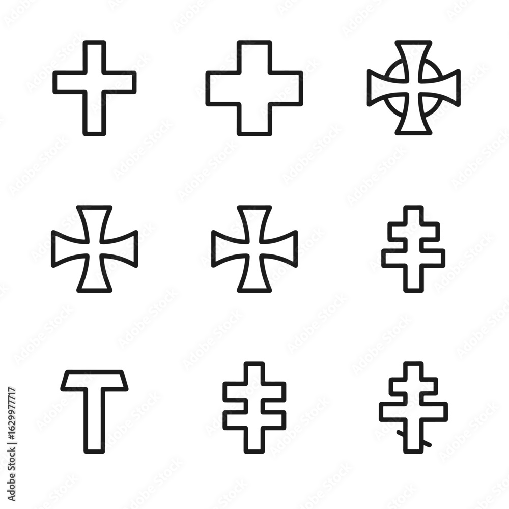 Obraz premium Cross Icon Set. Outline icon set of cross variations: Latin cross, Greek cross, Celtic cross, Orthodox cross, Maltese cross,