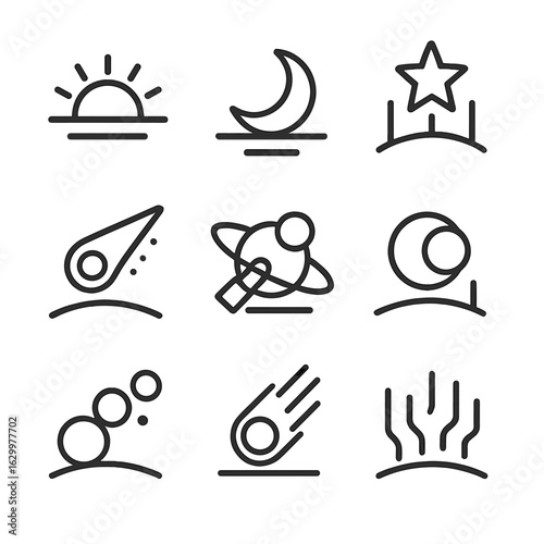 Celestial Icons Grid. Outline icon set of celestial rise: sun rising, moon ascending, star climb, comet path, satellite orbit