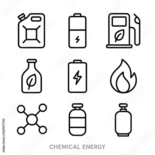 Chemical Energy Icons. Outline icon set of chemical energy: fuel canister, battery cell, biofuel, gasoline pump, ethanol flask,