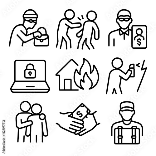 Crime Icon Set. Outline icon set of types of crime: theft, assault, fraud, cybercrime, arson, vandalism, kidnapping, bribery,