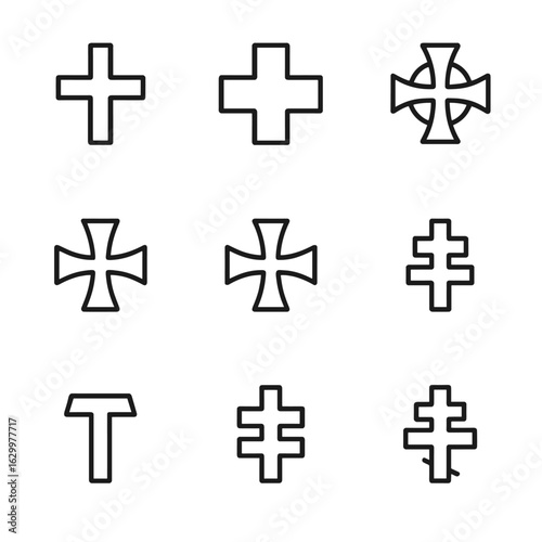 Cross Icon Set. Outline icon set of cross variations: Latin cross, Greek cross, Celtic cross, Orthodox cross, Maltese cross,