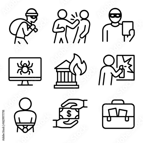 Crime Icon Set. Outline icon set of types of crime: theft, assault, fraud, cybercrime, arson, vandalism, kidnapping, bribery,