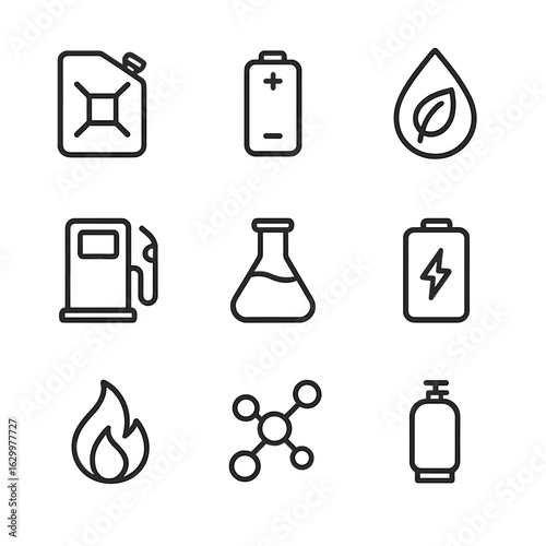 Chemical Energy Icons. Outline icon set of chemical energy: fuel canister, battery cell, biofuel, gasoline pump, ethanol flask,