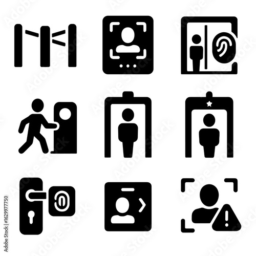 Biometric Access Icon Set. Solid, filled icons set of biometric access control in public buildings: turnstile