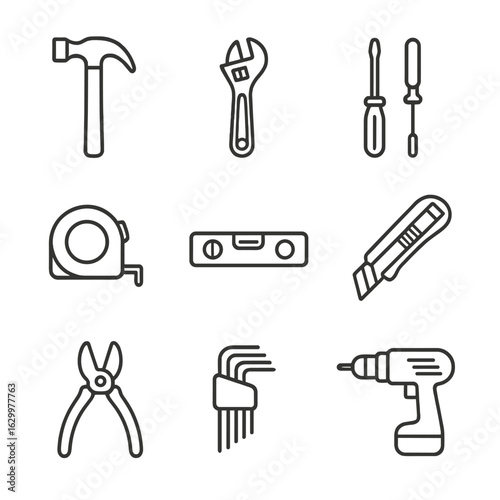 Basic Tool Kit Icons. Outline icon set of basic home tool kit essentials: claw hammer, adjustable wrench, screwdriver set, tape