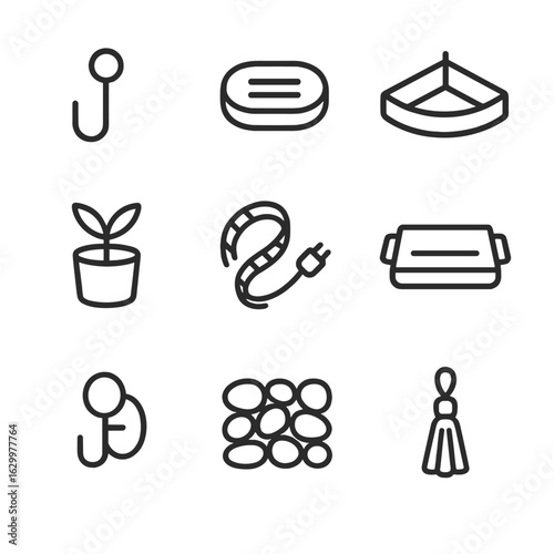 Bathroom Decor Icons. Outline icon set of bathroom decor accents: towel hook, soap dish, corner shelf, plant pot, LED strip light,