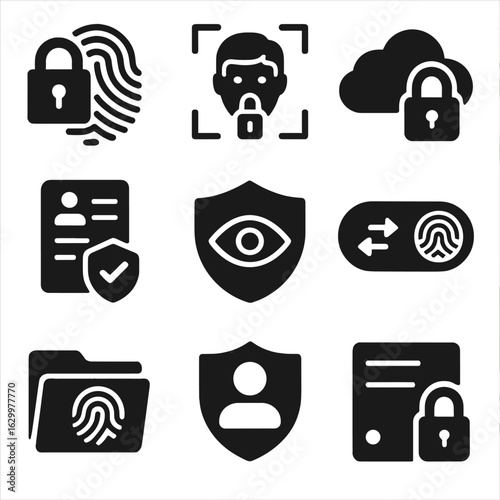Biometric Data Security Icons. Solid, filled icons set of biometric data privacy: lock and fingerprint,