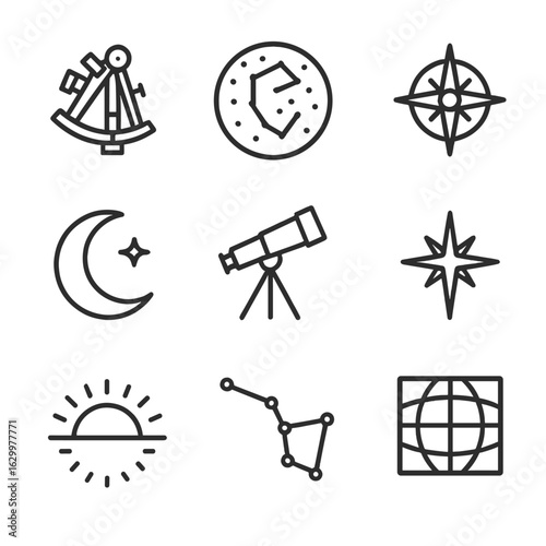 Celestial Navigation Icons. Outline icon set of celestial navigation: sextant, star chart, compass rose, crescent moon, telescope,