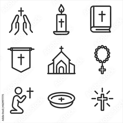 Cross Worship Icons. Outline icon set of cross in worship: prayer hands with cross, candle with cross, book with cross, banner