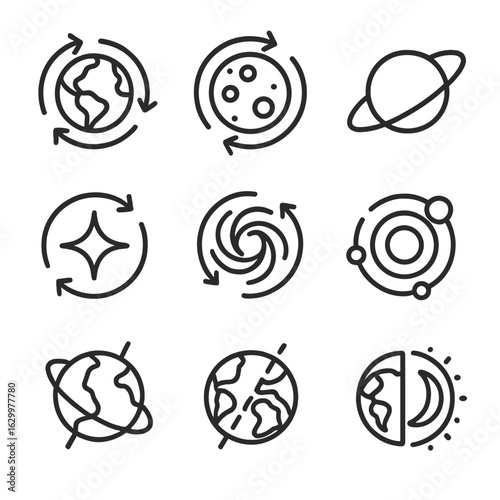 Celestial Motion Icons. Outline icon set of celestial rotation: earth rotation, moon rotation, planet orbit, star spin, galaxy