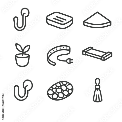 Bathroom Decor Icons. Outline icon set of bathroom decor accents: towel hook, soap dish, corner shelf, plant pot, LED strip light,