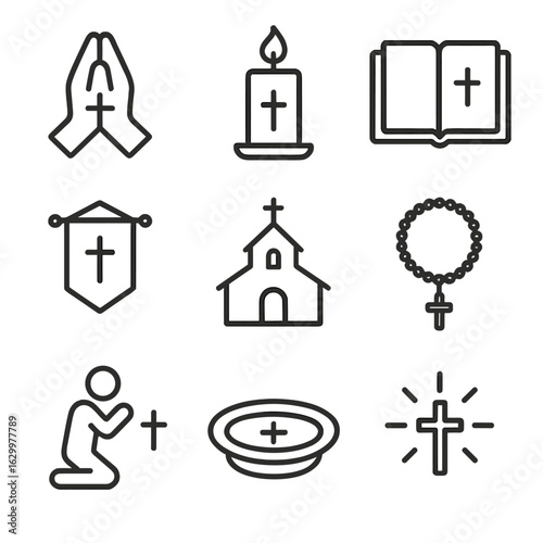 Cross Worship Icons. Outline icon set of cross in worship: prayer hands with cross, candle with cross, book with cross, banner