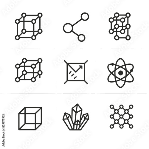 Crystal Science Icons. Outline icon set of crystal science elements: lattice structure, molecular bond, ionic crystal, covalent