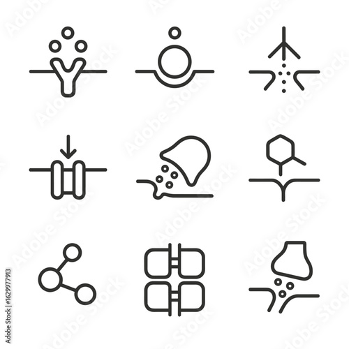 Cell Communication Icons. Outline icon set of cell communication: receptors, ligands, signal transduction, ion channels,