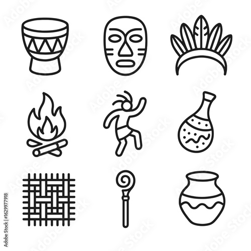 Cultural Ceremony Icons. Outline icon set of cultural ceremony: tribal drum, mask, feather headpiece, bonfire, dance figure, gourd
