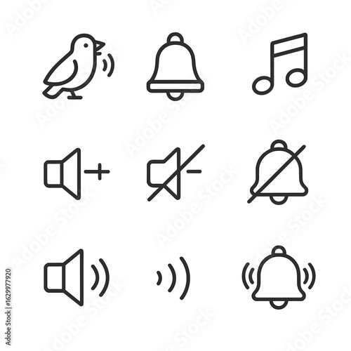 Cuckoo Clock Sound Icons. Outline icon set of cuckoo clock sound elements: cuckoo bird call, chime bell, music notes, volume