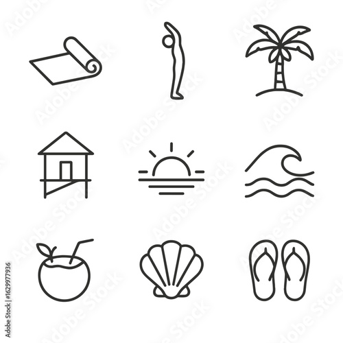 Beachside Yoga Icons. Outline icon set of beachside yoga retreats: yoga mat, sun salutation pose, palm tree, beach hut, rising sun