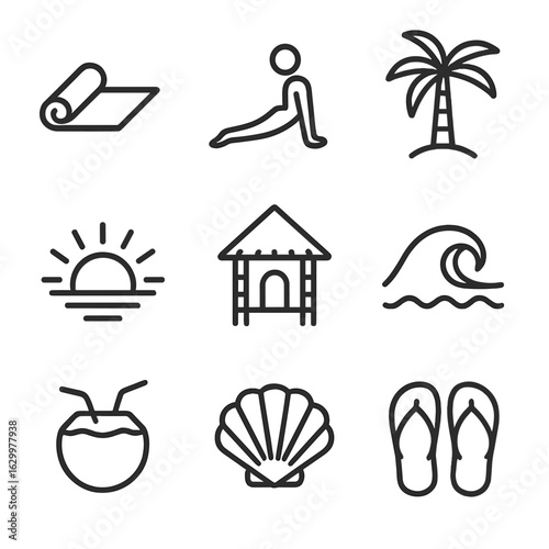 Beachside Yoga Icons. Outline icon set of beachside yoga retreats: yoga mat, sun salutation pose, palm tree, beach hut, rising sun
