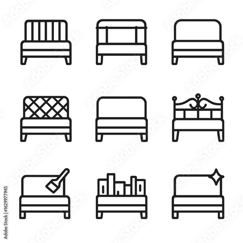 Bed Frame Icon Set. Outline icon set of bed frame materials and finishes: solid wood frame, metal pipe frame, upholstered