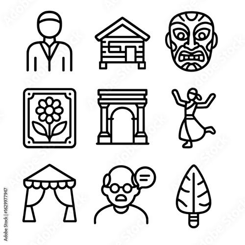 Cultural Heritage Icons. Outline icon set of lineage and cultural heritage: traditional costume, ancestral house, cultural mask,