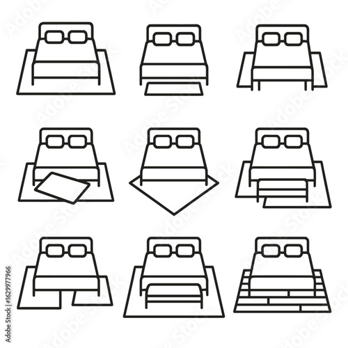 Bed Rug Layout Icons. Outline icon set of rug placement and layouts under bed: full-width area rug, rug peeking under footboard,