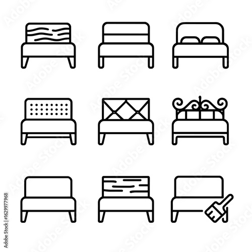 Bed Frame Icon Set. Outline icon set of bed frame materials and finishes: solid wood frame, metal pipe frame, upholstered