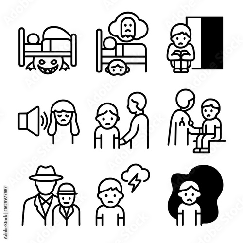Children's Fear Icons. Outline icon set of fear in children: monster under bed, nightmare, darkness, loud noise, separation,
