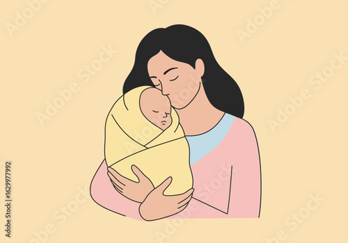 Mother Holding Swaddled Baby, Kissing Forehead, Minimalist Illustration
