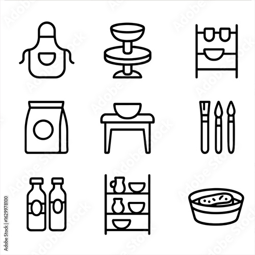 Ceramic Workshop Icons. Outline icon set of ceramic workshop items: apron, pottery wheel, drying rack, clay bag, work table, brush