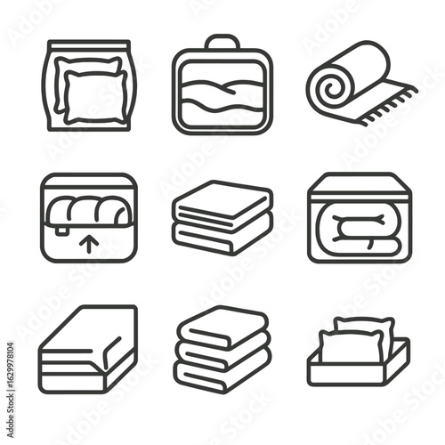 Bedding Icons Set. Outline icon set of bedding and linens organization: extra pillowcase pack, quilt bag, throw blanket roll,