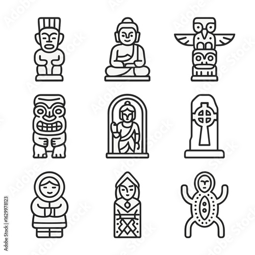 Cultural Statues Icons. Outline icon set of cultural statues: African tribal idol, Asian temple statue, Native totem, Polynesian