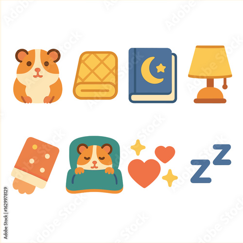 Bedtime Guinea Pig Cuddles. Flat vector mini-illustrations bedtime cuddles with a guinea pig in colors children's illustrations: